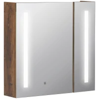 kleankin Specchiera Bagno con Luci LED Regolabili, 2 Ante e Mensola Regolabile, 70x15x65cm, Marrone(m-1)