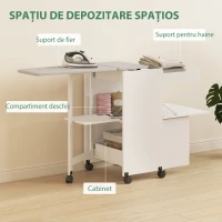 HOMCOM Dulap Masă de Călcat Pliabil cu Roți și Suport pentru Fier de Călcat, Dulap de Călcat Multifuncțional cu Rafturi, Compartiment Deschis, pentru Spălătorie, Baie, 154x55x87 cm, Alb(m-5)
