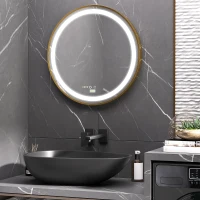 kleankin Specchio Bagno con Luce LED, Luminosità Regolabile a 3 Tonalità e Funzione Memoria, Ø60 cm, Oro(m-2)