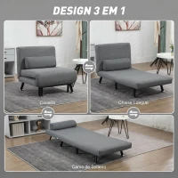 HOMCOM Sofá Cama Individual Dobrável com Encosto Ajustável em 5 Níveis Almofada e Estofado de Linho Sintético 75x70x75 cm Cinzento(m-4)