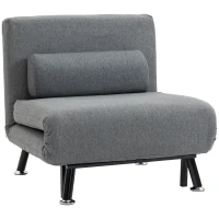 HOMCOM Sofá Cama Individual Dobrável com Encosto Ajustável em 5 Níveis Almofada e Estofado de Linho Sintético 75x70x75 cm Cinzento(m-11)