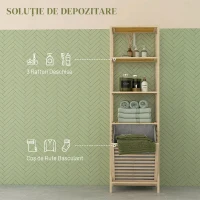 HOMCOM Coloană de baie cu 3 rafturi din lemn de bambus și coș de rufe din material textil, 44x33x160cm(m-4)