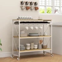 HOMCOM Carrello Portavivande a 4 Livelli con Portabottiglie e 5 Ganci Rimovibili, in Legno e Metallo, 96.5x38x96.7 cm(m-9)