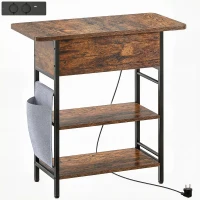 HOMCOM Table d'appoint bout de canapé avec station de charge et sac de rangement, 60 x 29,8 x 58,5 cm, brun rustique(m-1)