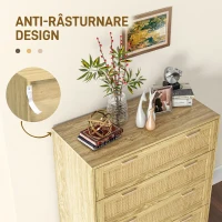 HOMCOM Comodă cu 4 Sertare, Stil Boho, din Lemn și Ratan, 90x45x108,5cm, Stejar(m-6)