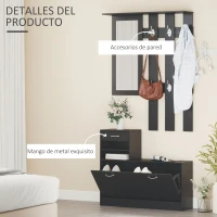 HOMCOM Conjunto de Recibidor de Entrada con Espejo Perchero y Zapatero Muebles de Recibidor de 2 Piezas con 6 Ganchos Negro(m-5)