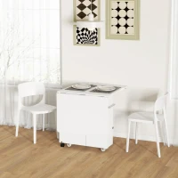 HOMCOM Masă pliabilă cu rafturi pe 3 niveluri, spațiu de depozitare și roți, din MDF, 130x80x76,5 cm, alb(m-15)