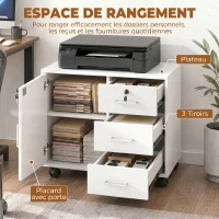 HOMCOM Caisson bureau meuble de rangement verrouillable avec 3 tiroirs et étagère réglable, roulettes, 40 x 60 x 56 cm, blanc(m-4)