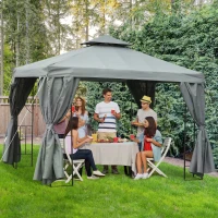 Outsunny Cenador de Jardín 3x3 m Pabellón para Exterior con Doble Techo de Ventilación y 4 Cortinas Laterales Extraíbles de Cremallera Gazebo para Terraza Patio Exterior Gris(m-10)