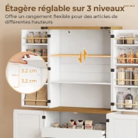 HOMCOM Buffet haut cuisine, armoire de cuisine, 4 portes, 3 tiroirs, 8 porte-racks et étagères réglables, 76x40x182cm, blanc(m-5)