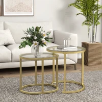 HOMCOM 2er-Set Couchtisch, Ovaler und runder Kaffeetisch, stapelbar, Stahl, Ø50 x 50,5H cm, Gold(m-10)