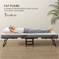 HOMCOM Pat pliabil single 90x200 cm cu saltea groasă de 10 cm, cadru metalic și roți cu frână, negru(m-4)
