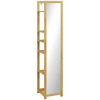 HOMCOM Etajeră de baie cu oglindă și 6 rafturi, dulap cu oglindă din bambus, 35x35x168cm, culoare lemn(m-1)