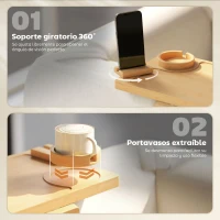 HOMCOM Bandeja de Brazo para Sofá de Bambú Plegable y Flexible con Portavasos Extraíble y Soporte Giratorio para Teléfono(m-6)