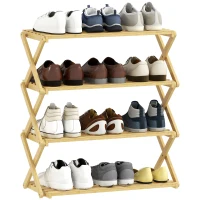 HOMCOM Schuhregal mit 4 Ebenen, Schuhablage aus Bambus,für bis zu 12 Paar Schuhe, für Eingang, Flur, 60 x 29 x 67 cm, Natur(m-12)