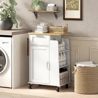 HOMCOM Cărucior de Bucătărie cu Sertar, Dulap, Suport pentru Prosoape și 3 Suporturi pentru Condimente, din Lemn, 62x40x87 cm, Alb(m-9)