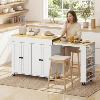 HOMCOM Ilha de Cozinha com Rodas Tampo Extensível Carrinho de Cozinha com 4 Portas Prateleiras Ajustáveis Estante Lateral Aberta Branco(m-2)