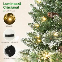 HOMCOM Pom de Crăciun Mic Înalt 60 cm cu 35 Lumini LED Albe, 64 Crengi Ignifuge cu Conuri, Verde(m-5)
