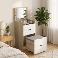 HOMCOM Coiffeuse avec miroir rabattable et tabouret de rangement, table de maquillage, 2 tiroirs, siège rembourré, chêne blanc(m-16)