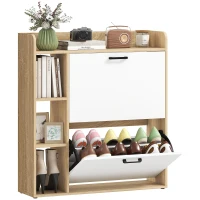 HOMCOM Dulap Slim pentru Pantofi cu 2 Sertare Rabatabile și 3 Compartimente, Capacitate 15 Perechi, 83x24x90,5 cm, Lemn și Alb(m-11)