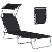 Outsunny Transat Bain de Soleil Pliable Chaise Longue Pliante Grand Confort Dossier Inclinable Multi-positions et Pare-Soleil réglable Dim. 187L x 58l x 36H cm Noir(m-1)