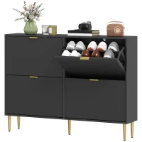HOMCOM Scarpiera Slim per 20 Paia di Scarpe con 4 Cassetti a Ribalta e Ripiani Regolabili, 105x24x91.5 cm, Nero(m-11)