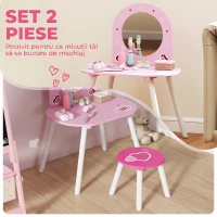 AIYAPLAY Set măsuță de toaletă pentru fetițe 3-6 ani, cu scaun, oglindă incasabilă, model cu inimioare, roz(m-4)