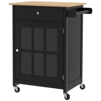HOMCOM Căruț de Bucătărie cu Sertar, Dulap Reglabil și Suport pentru Prosoape, din Lemn, 67x48x86,5 cm, Negru și Stejar(m-11)