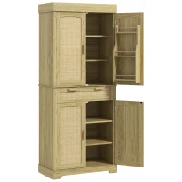 HOMCOM Credenza Cucina Stile Boho con 2 Armadietti, Cassetto e Portaspezie in Legno e Rattan, 76x40x183cm, Rovere(m-1)