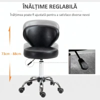 HOMCOM Taburet Rotativ 360° Reglabil, Taburet Cosmetic cu Spătar, din Oțel și Piele Ecologică, Negru(m-4)