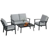 Outsunny Set de Grădină 4 Piese cu 2 Fotolii, Canapea cu 2 Locuri și Măsuță, din Aluminiu și Fibre, Gri Carbune(m-11)