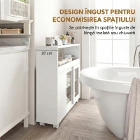 HOMCOM Dulap pentru Baie pe Rotile din Lemn cu Spațiu Deschis, Rafturi Reglabile și Uși din Sticlă, 71x20x70 cm, Alb(m-5)