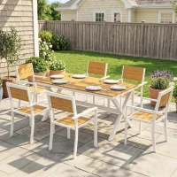 Outsunny Gartenmöbel Set Sitzgruppe 7-teilig Tisch mit 6 stapelbare Stühlen Holzoptik Aluminiumrahmen Teak(m-10)