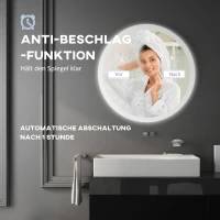 kleankin LED Badspiegel, einstellbare Helligkeit, Entnebelung, Touch, IP44, Metall/Glas, Ø60 cm, Weiß/Silber(m-6)