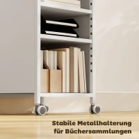 HOMCOM Bücherregal mobil mit verstellbaren Regalen, 3-stufiger Rollwagen mit oberem Korb, Weiß(m-7)