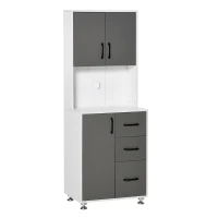 HOMCOM Küchenschrank Hochschrank mit 2 Türen Regal Mikrowellenregal Küchenbuffet mit unterem Aufbewahrungsschrank und 3 Schubladen Kommode Spanplatte Stahl Grau+Weiß 60 x 40 x 160 cm(m-1)