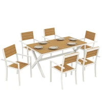 Outsunny Gartenmöbel Set Sitzgruppe 7-teilig Tisch mit 6 stapelbare Stühlen Holzoptik Aluminiumrahmen Teak(m-12)