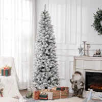 HOMCOM Künstlicher Weihnachtsbaum, flammenhemmend, mit Kunstschnee, schlank, Stahlfuß, 75 x 210 cm, Grün(m-10)