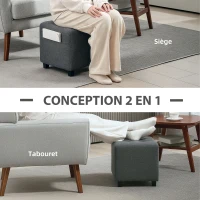 HOMCOM Repose pied salon, ottoman, siège rembourré capitonné en tissu aspect lin avec poche latérale, 35 x 35 x 35 cm, gris(m-4)