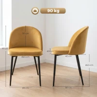 HOMCOM Set de 2 scaune pentru sufragerie și bucătărie, tapițate cu catifea, 49x50x77cm, galben(m-3)