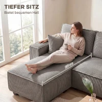 HOMCOM Ecksofa mit Doppel-Chaiselongues, U-förmiges Sofa aus Cordstoff mit breitem und tiefem Sitz, Federkernkissen, Hellgrau(m-7)