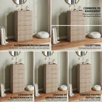 HOMCOM Comodă cu 5 Sertare din Lemn cu Ghidaje Metalice și Mânere Canelate, 60x39x100 cm, Lemn Natural(m-4)
