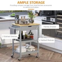 HOMCOM Kitchen Trolley Utility Cart on Wheels with Rubberwood Worktop, Towel Rack, Storage Shelves & Drawer for Dining Room, Grey(m-4)