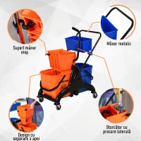 HOMCOM Cărucior Profesional de Curățenie cu 2 Găleți de 26L, Cărucior cu Presă, Mâner și 4 Roți Universale, pentru Hotel, Casă, Birou, 78x45x95 cm, Portocaliu și Albastru(m-6)