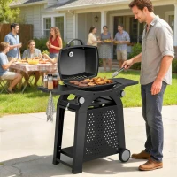 Outsunny 2 Burner Gas Grill with 2 Side Tables, 3.8 KW Barbecue Grill with Cast Iron Grates, 2-in-1 Tabletop BBQ with Wheels(m-10)