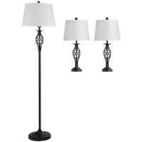 HOMCOM Juego de 2 Lámparas de Mesa y Lámpara de Pie con Pantalla de Tela E27 Máx. 40W Ø38x158 cm y Ø30x62 cm Blanco(m-11)