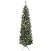 HOMCOM Árbol de Navidad Estrecho 210 cm con Luces LED 8 Modos de Iluminación Ramas con Purpurina Plateada Piñas Bayas Verde(m-11)