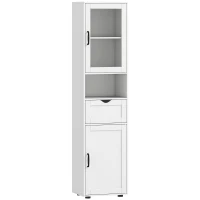 HOMCOM Mobilier Baie Slim cu Dulapuri și Ușă din Sticlă, Mobil Economisitor de Spațiu cu Raft Deschis, Sertar, Rafturi Reglabile, Coloană Modernă, 40x30x165 cm, Alb(m-1)