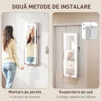 HOMCOM Dulap pentru bijuterii de perete sau pentru ușă, cu oglindă interioară și LED, cu încuietoare și cheie, buzunar cu fermoar, alb(m-7)