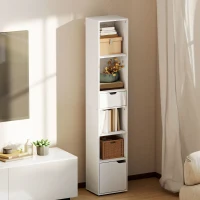 HOMCOM 6-Tier Bookcase, Tall Narrow Bookshelf with Drawer and Door - White(m-10)